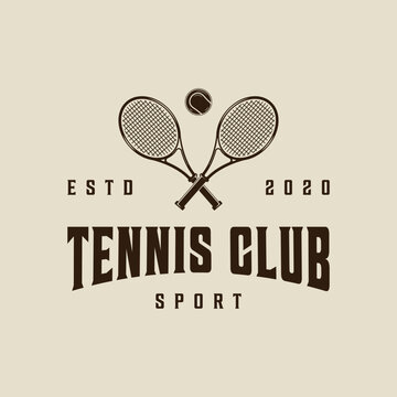 Crossed tennis rackets logo vintage vector illustration template icon graphic design. sport sign or symbol with ball for club or tournament concept