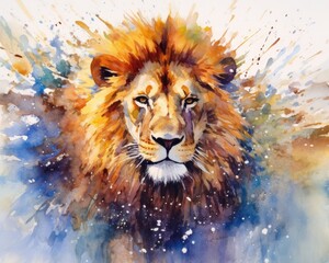 Naklejka premium fluidity and unpredictability of watercolors by creating a dynamic and energetic lion print. bold brushstrokes and splashes of color to depict the lion's movement and power