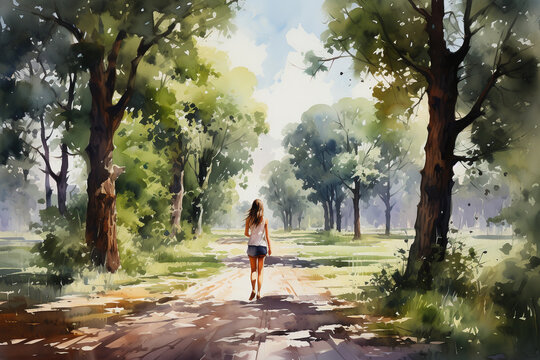 walks in the fresh air, mental health. Watercolor illustration, Generative AI