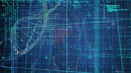 Animation of data processing over dna strand spinning - Powered by Adobe