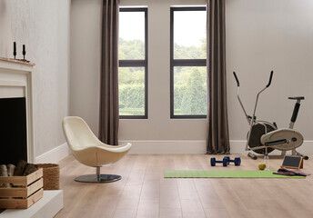 Sport in the home concept with bike and mat, wall chair and room interior style.