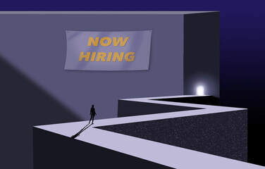A girl looking for work approaches a business that has a now hiring sign posted outside. The darkness and blank walls echos the fear of the unknown she feels. This is a 3-d illustration.
