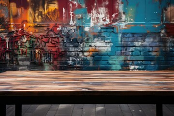 A Wooden Tabletop Against Backdrop Of Colorful Street Art Blank Surface. Generative AI