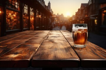 A Wooden Tabletop With Glass Of Beer Against Backdrop Of Bustling Beer Hall. Generative AI - obrazy, fototapety, plakaty