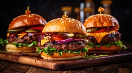 Two tasty hamburgers with beef and vegetables on a wooden table background