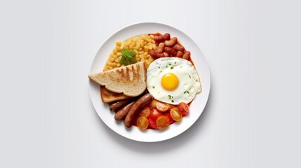 A full English breakfast, a plate of breakfast on white background