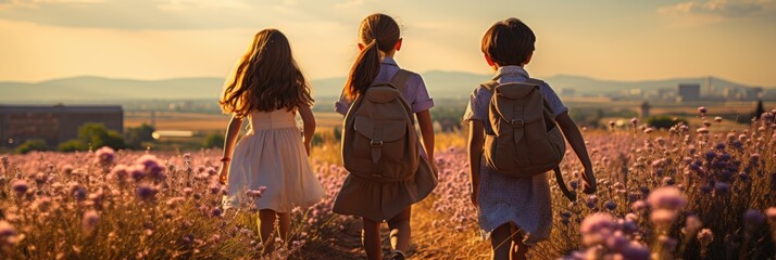 Backs Schoolchildren With Schoolbag Running To School In Lavender Field. Generative AI