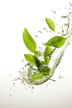 A splash of green tea with tea leaves on a white background. Generative AI design element