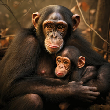 A loving portrait of a mother chimp gently holding her baby chimp with pride in the jungle 
