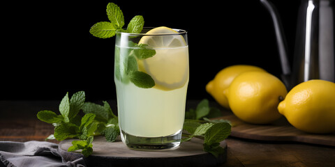 Obraz na płótnie Canvas A glass of freshly squeezed lemonade with a slice of lemo two generative AI