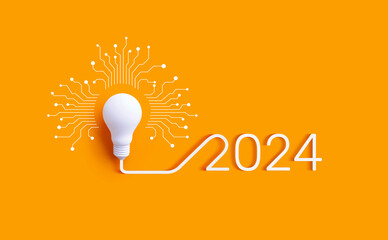 2024 creativity and inspiration ideas with lightbulb and technology network.Business solution or...