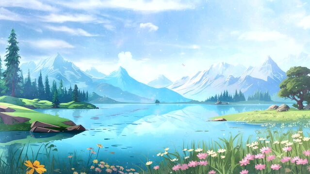 Video Footage Beautiful nature landscape with lake, river, mountain blue sky, tree, and flowers. Video animation anime cartoon scene background for film, template