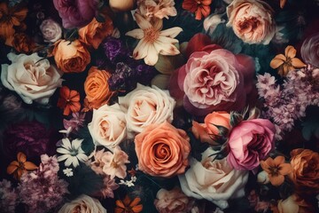 Vintage floral pattern of blooming roses and garden flowers. Generative AI