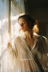 Fototapeta premium portrait of a woman/model/book character standing by a window in warm daylight with a thoughtful/sad expression in a fashion/beauty editorial magazine style film photography look - generative ai art