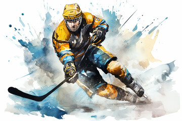 Ice hockey player in action watercolor illustration. Generative AI - obrazy, fototapety, plakaty