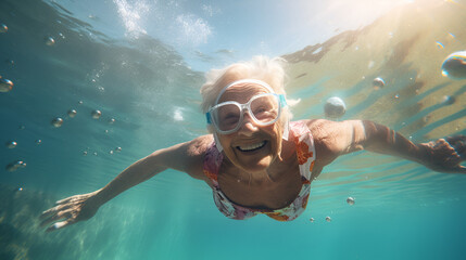 Fototapeta premium Healthy senior woman swimming under water in public pool, mineral water pool. Happy pensioner enjoying sportive lifestyle. Active retirement concept. happy funny image of elderly having fun 