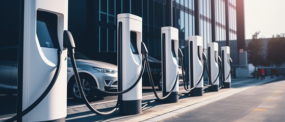 Modern fast electric vehicle chargers for charging car in park,  Generative AI