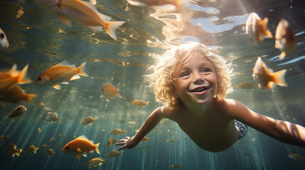 happy kid swiming with fishes, Happy kid have fun in swimming pool. swimming under water, Funny child swim, dive in pool jump deep down underwater from poolside. Healthy lifestyle, people water sport  - obrazy, fototapety, plakaty