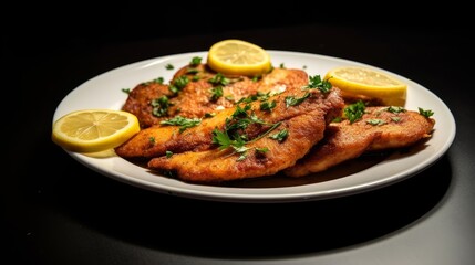 Fototapeta premium Escalope de Dinde garnished with parsley and lemon slices on a white plate