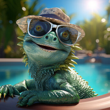 a cute cartoon iguana wearing sunglasses and a hat relaxing in the pool