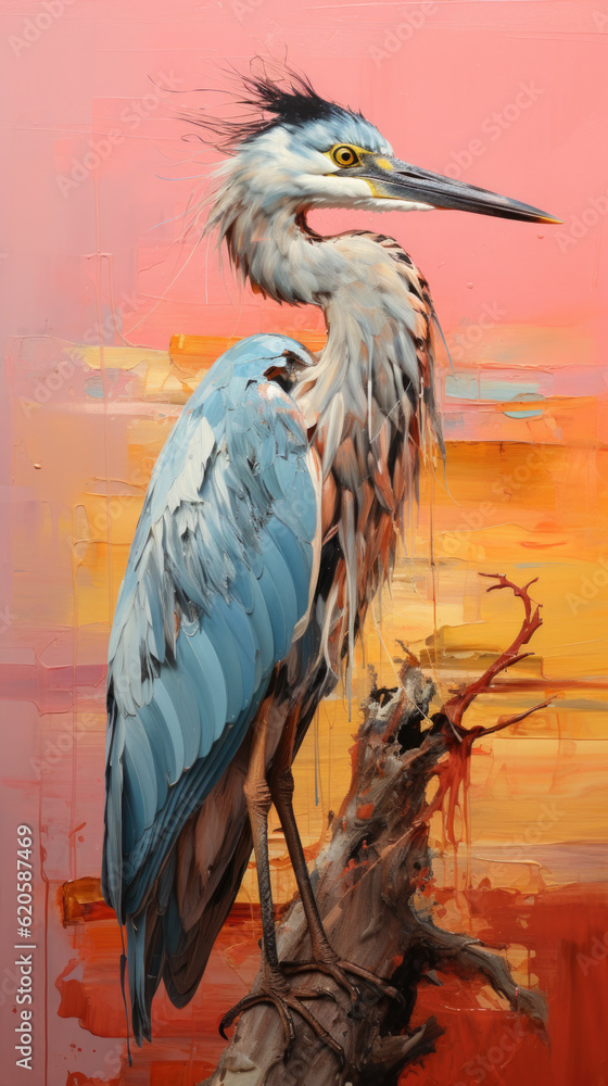 Poster a painting of a bird standing on a branch. generative ai.