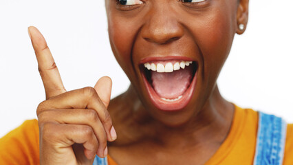 Hand, idea and breakthrough with an african female feeling excited while contemplating a thought....