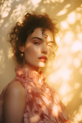 Fototapeta premium portrait of a woman/model/book character standing by a window in warm daylight with a thoughtful/sad expression in a fashion/beauty editorial magazine style film photography look - generative ai art