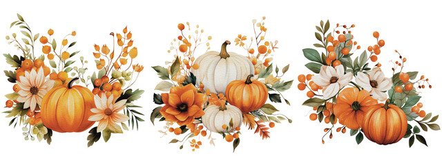 Obraz na płótnie Canvas set of Autumn Watercolor Pumpkins and Floral Delights for Seasonal. Enchanting watercolor Autumn Isolate on transparent background for greeting card
