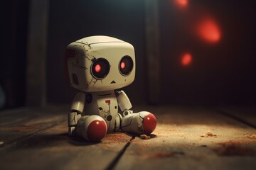 A lovable robot plushie with a red heart, sitting sadly for miss you day. Cartoon-style illustration. Generative AI