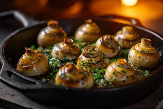 Escargots de Bourgogne in a cast iron pan with garlic butter sauce and some thyme