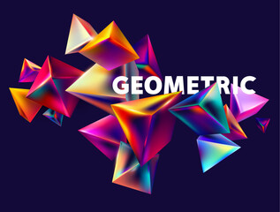 Colored 3D glass pyramids on dark background. Abstract vector composition of colorful geometric shapes.