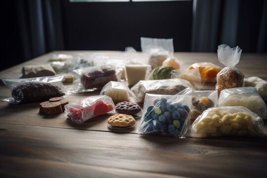 Assorted vacuum-sealed food items atop white wooden table. Generative AI