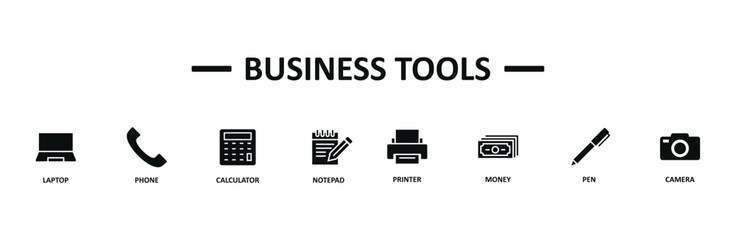 Business tools banner web icon vector illustration concept with icon of laptop, phone, calculator, notepad, printer, money, pen, camera