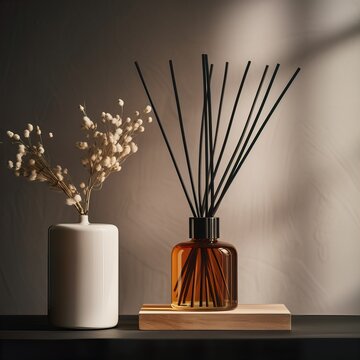 Reed diffuser bottle mockup, aroma diffuser in luxurious beige and brown home interior decor, front view