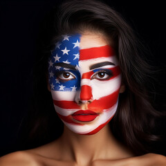 Young caucasian girl with art make-up on her face in the colors of the American flag. Generative AI