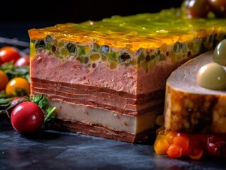 Terrine with layers of various ingredients and a portion already scooped out