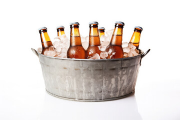 Cold bottles of beer with condensation droplets in the metal bucket with ice isolated on white background - obrazy, fototapety, plakaty