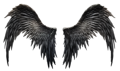 spread black dark demon feather angel wings on transparent background