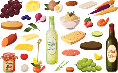 Cute vector illustration of various food items for a cheeseboard or charcuterie board with cheese, salami and fruit.