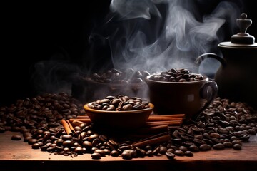 A pile of coffee beans sitting on top of a wooden table. AI