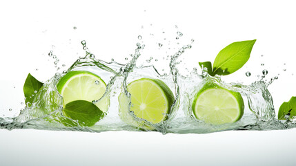 A slice of lime annd mint leaves falling into the water on white background. Panoramic banner image. Generative AI.