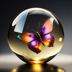 Beautiful decorative butterfly in a glass bowl, illustration, close-up
