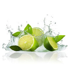 A slice of lime annd mint leaves falling into the water on white background. Generative AI.