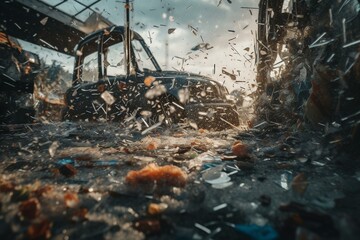 Destruction and chaos unfolds as glass shatters, hopes collapse, and blast waves induce dizziness with a war theme. Generative AI