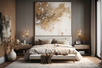 Neutral toned bedroom with white canvas painting as focal point, accented with gold and brown colors. Generative AI