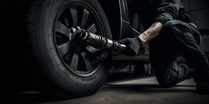 A mechanic using a pneumatic wrench to remove a tire from one generative AI