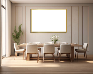 AI-Generated, Beige Dining Area Wall Art Mockup, with Blank Frame, Designed for Showing Off Prints and Posters