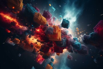 Colorful square clouds explode in a mystery outer space world with glowing geometric patterns. Finest abstract design. Generative AI