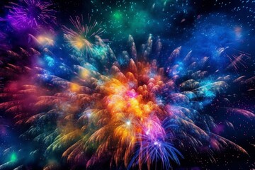 Fototapeta na wymiar Illustration of Colorful fireworks exploding in the night sky created using generative AI