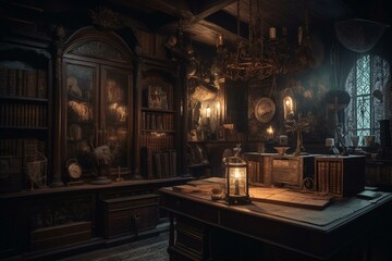 Gothic RPG shop with dimly lit lamps and spellbooks. Generative AI